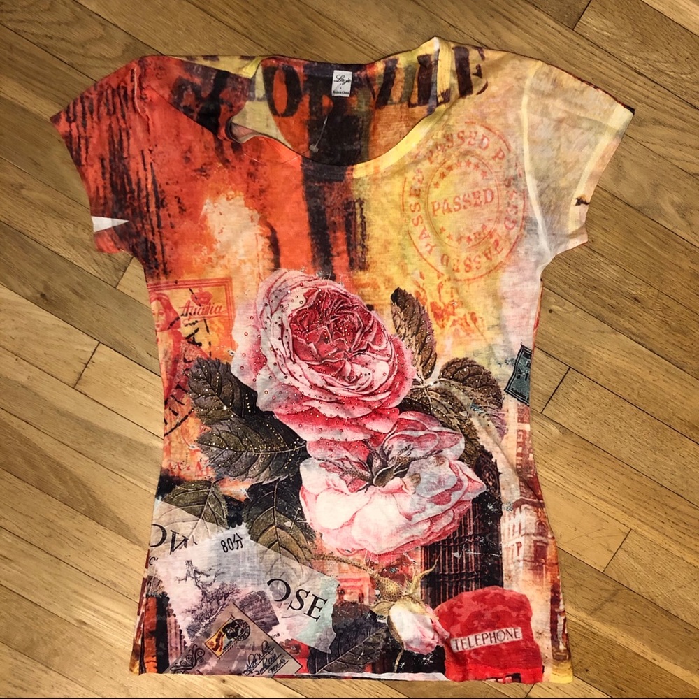 NWT Funky shirt w/ jeweled rose - Picture 3 of 7
